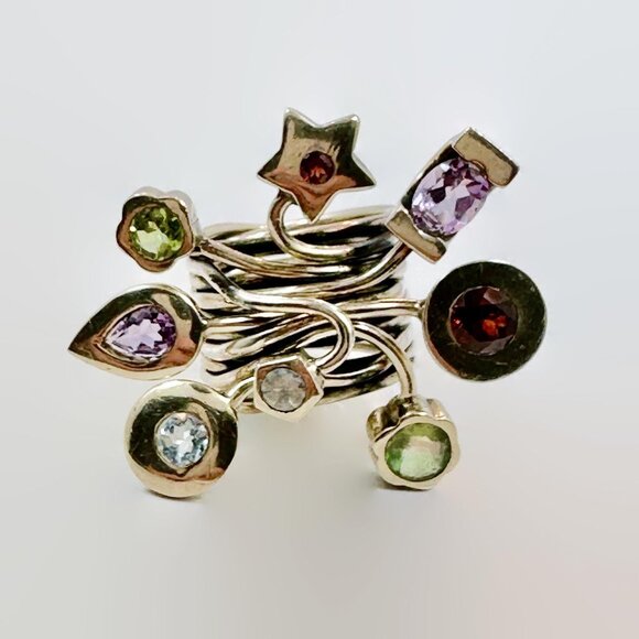 Gemstone Ring, Sterling Silver, One of a Kind, Funky, Vintage, Amethyst, Peridot - Picture 2 of 6